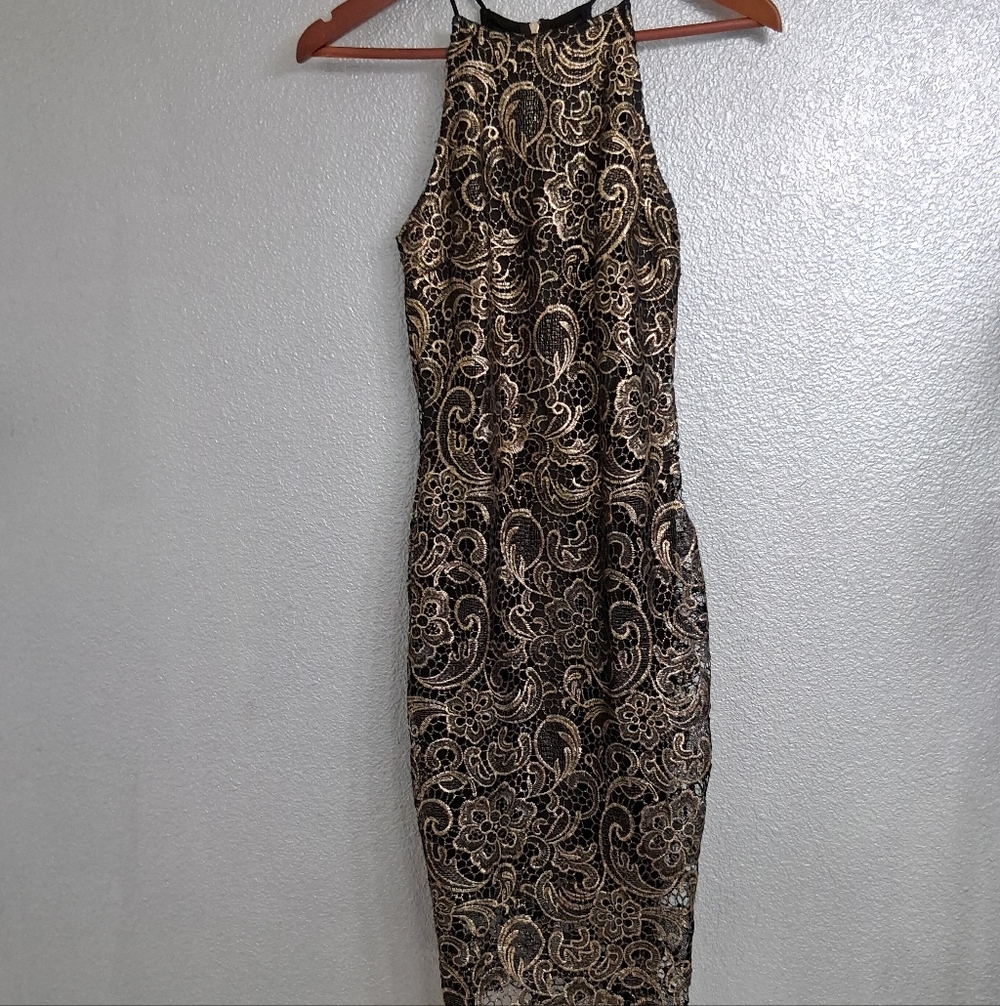 Elegant Black & Gold Brocade Halter Dress